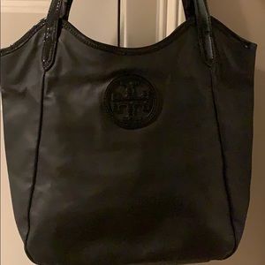 TORY BURCH Black Canvas North/ South Logo Tote